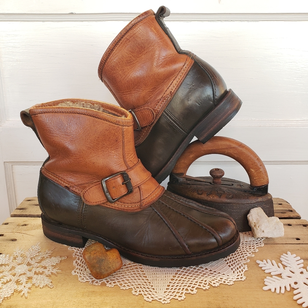 Green Frye Shearling Veronica Duck Boots Fur Lined Moto Engineer Boho Gypsy 8B ♡